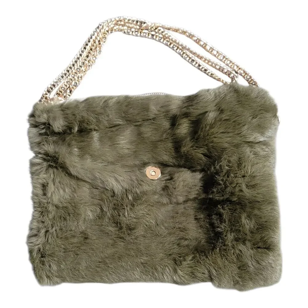 Faux Fur Shoulder Crossbody Bag with Gold Tone Chain Strap Winter Cozy Green‎